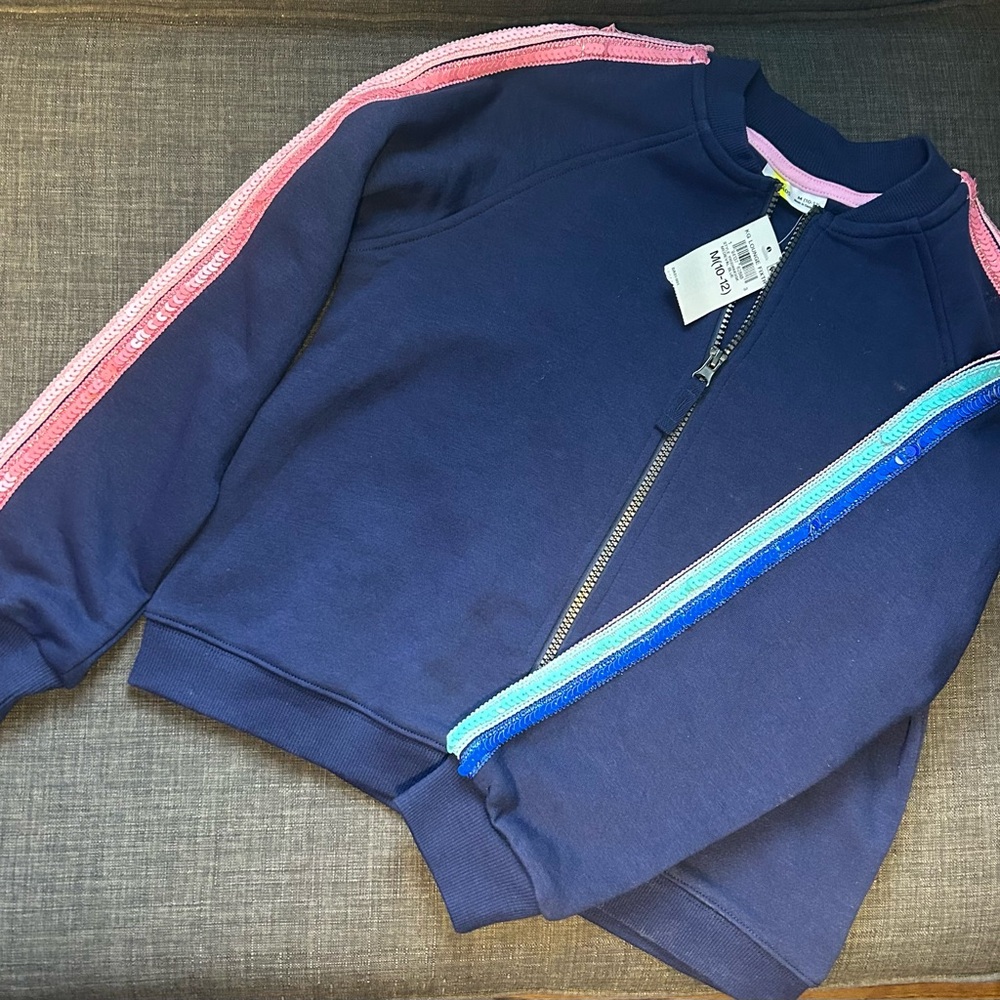 Navy Sweatshirt with Pink and Blue Stripes